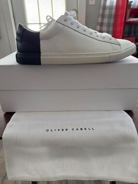 Oliver Cabell White Leather Sneaker with Black Heel Tab